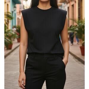 Babaton Aritzia Padded Cap Sleeve Black Cotton Crop Top Preppy Luxury Sz 2XS